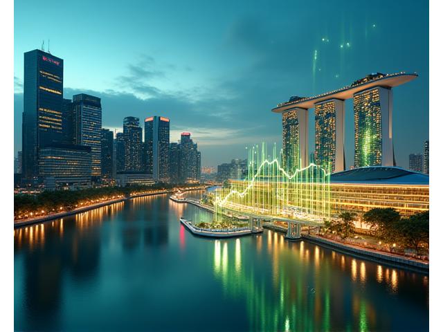 Financial charts and graphs overlaid on a Singapore cityscape, representing growth