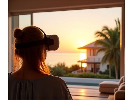 Person in a peaceful virtual reality environment visualizing their retirement lifestyle, looking at a virtual house and beach from a comfortable chair.