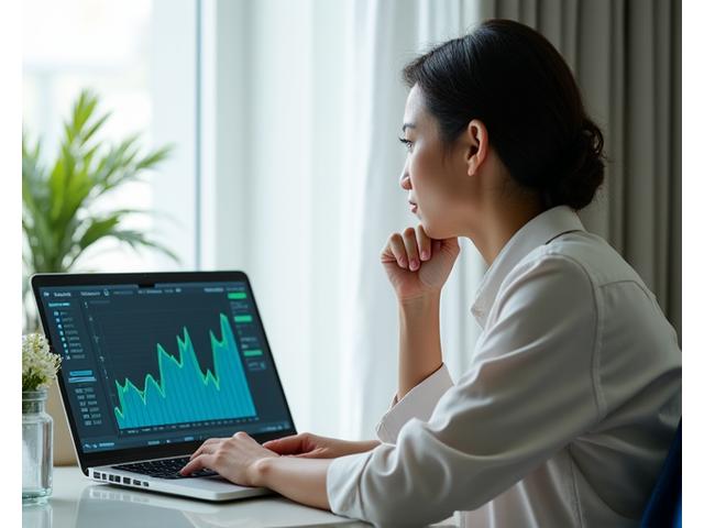 A woman confidently looking at a laptop screen displaying investment charts with a modern, elegant design.